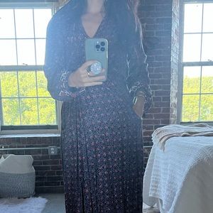 Anthropologie Purple Boho Prairie Maxi Dress XS Balloon Sleeve Pockets
